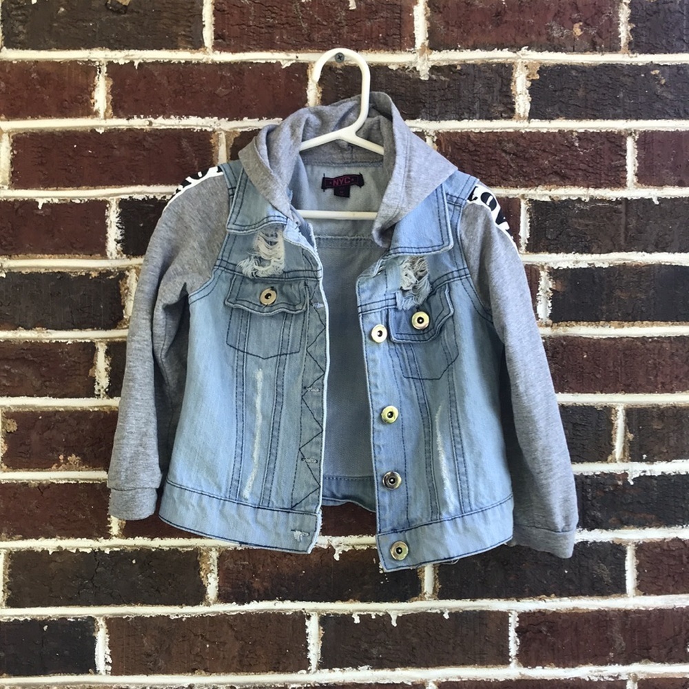 NYC distressed denim and sweatshirt jacket, Sz 5-6